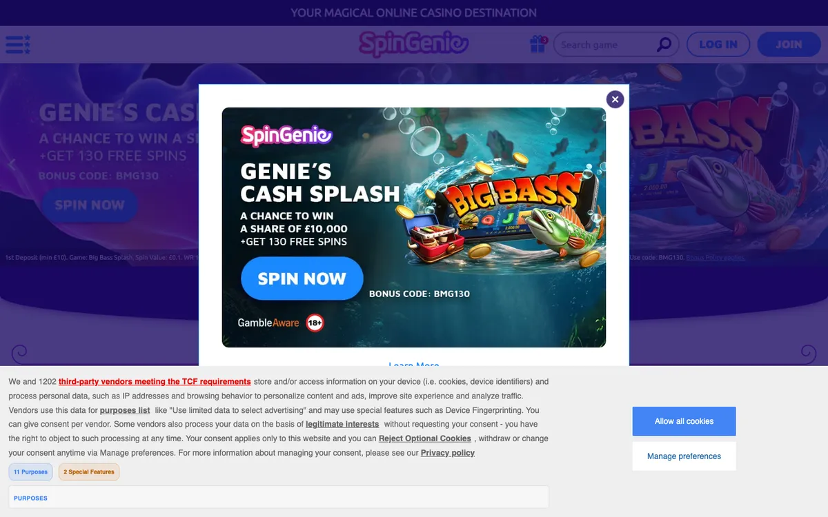 Spin Genie Casino — Home page, captured from Australia
