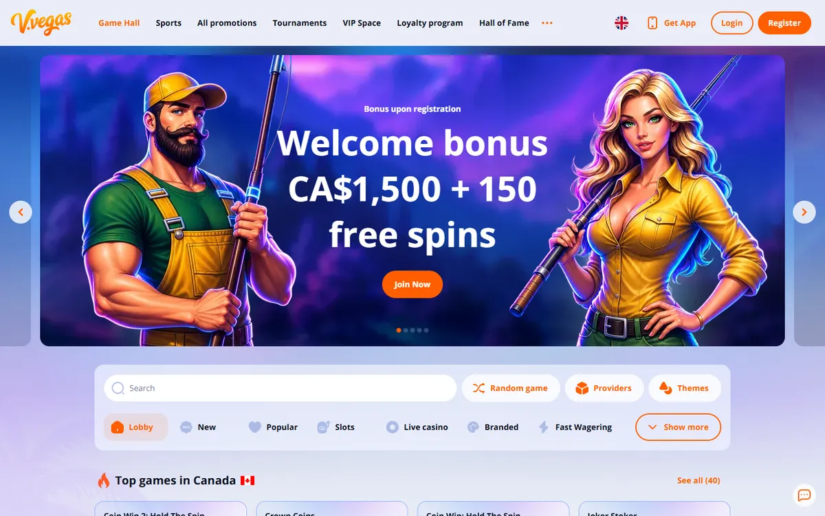 V.Vegas Casino — Home page, captured from Canada