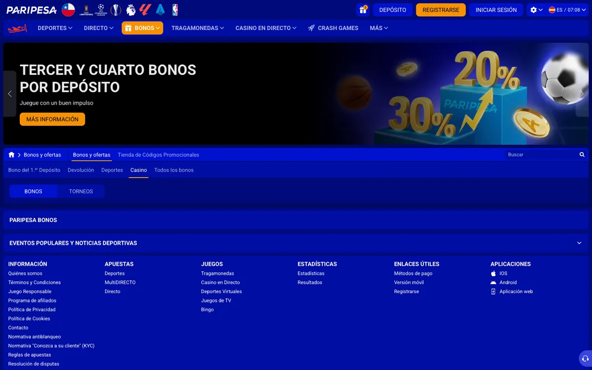 Paripesa Casino — Promotions, captured from Chile