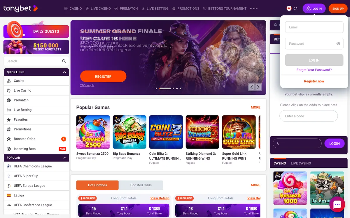 TonyBet Casino — «Регистрация», снято из страны Бельгия