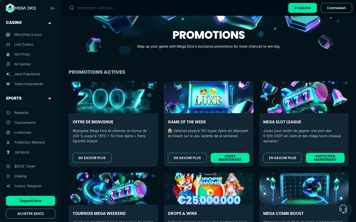 Mega Dice Casino — Promotions, captured from France