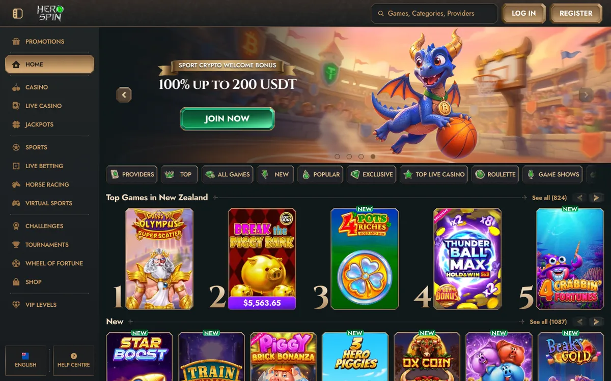 HeroSpin Casino — Home page, captured from New Zealand