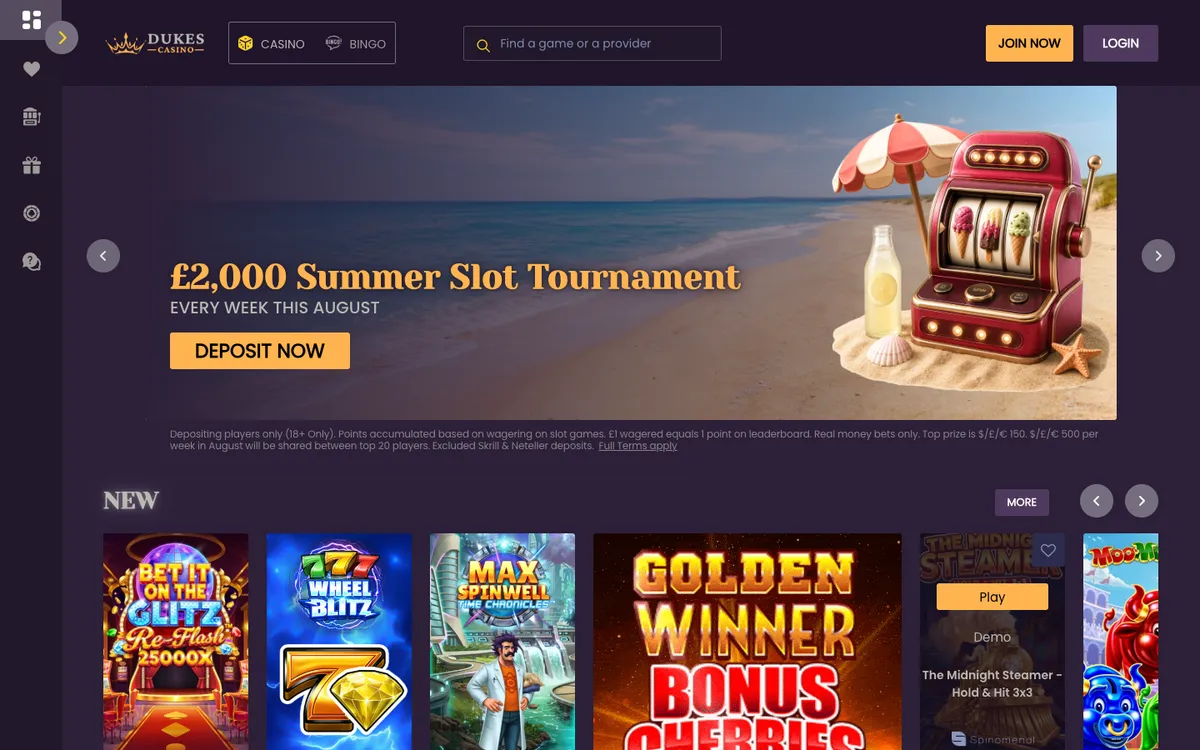 Dukes Casino — Home page, captured from United Kingdom