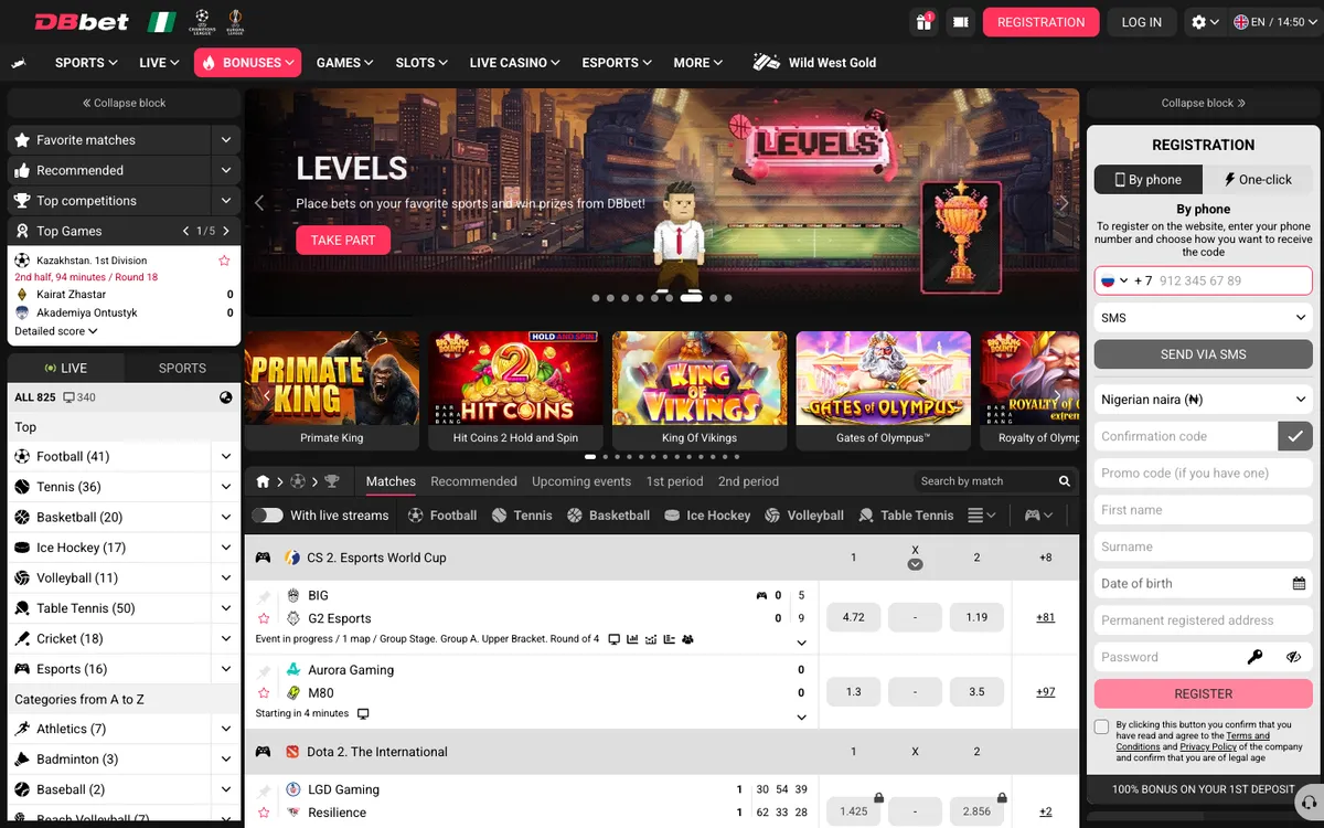 DBbet Casino — Home page, captured from Nigeria