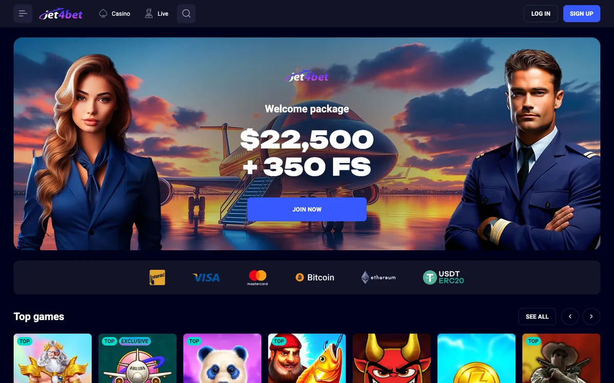 Jet4bet Casino — Home page, captured from Canada