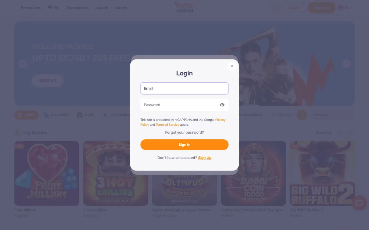 Boho Casino — «Регистрация», снято из страны Канада