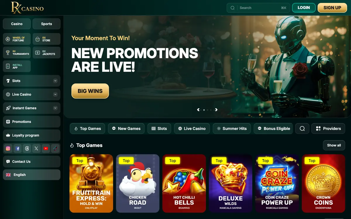 RX Casino — Home page, captured from Singapore