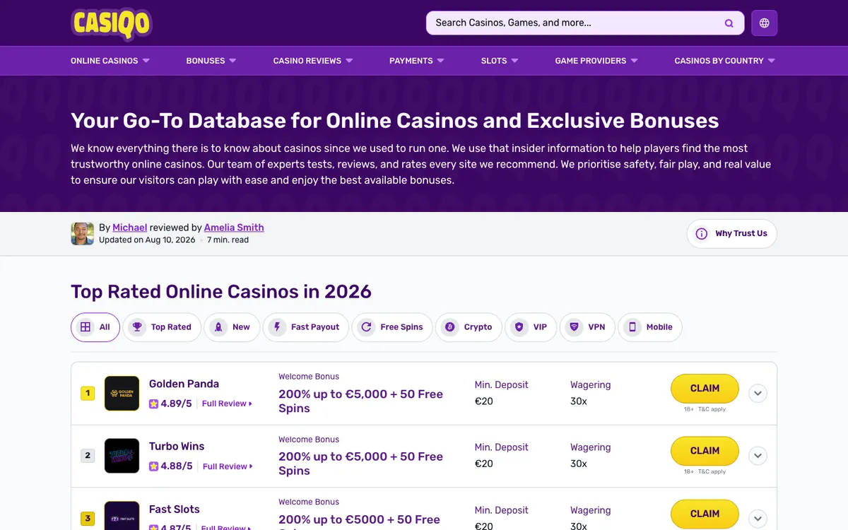 Casiqo Casino — Home page, captured from Finland