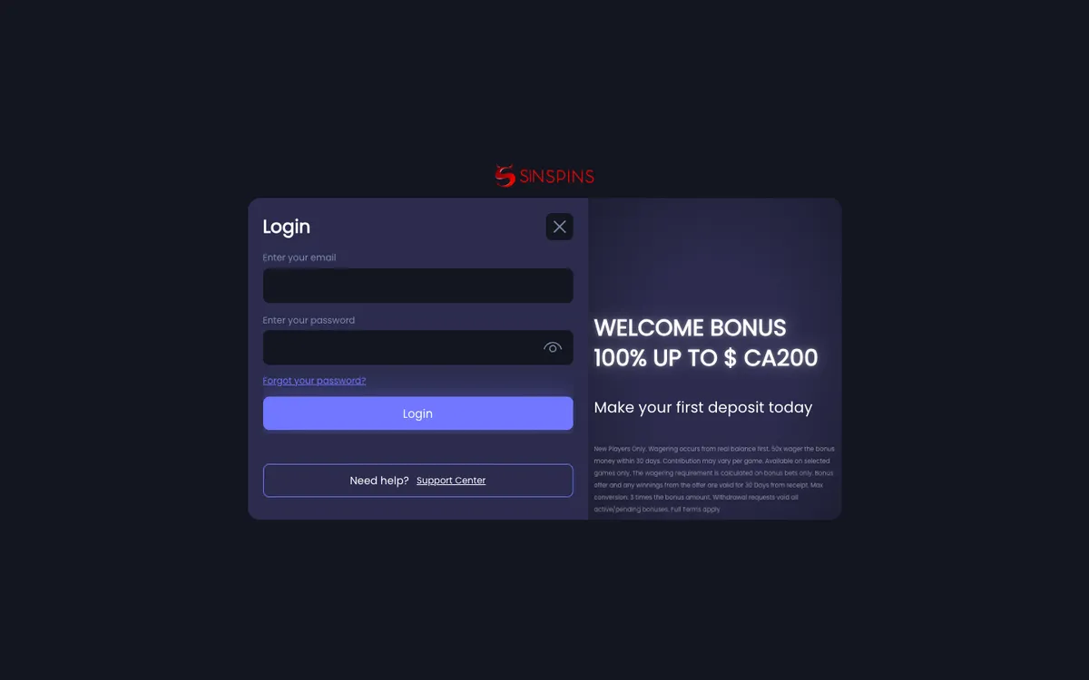 Sin Spins Casino — Sign-up, captured from Canada