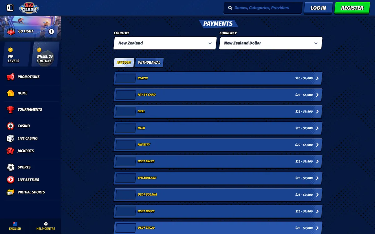 BigClash Casino — Payments, captured from New Zealand