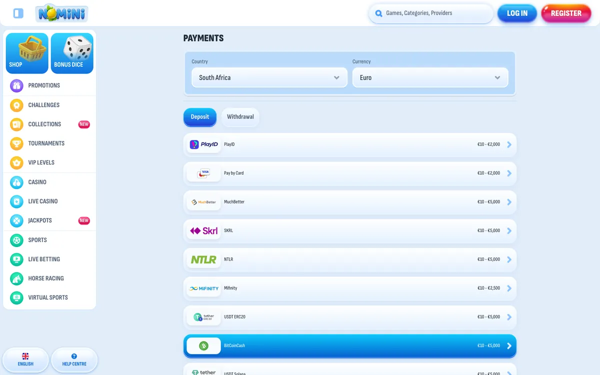 Nomini Casino — «Платежи», снято из страны Южно-Африканская Республика