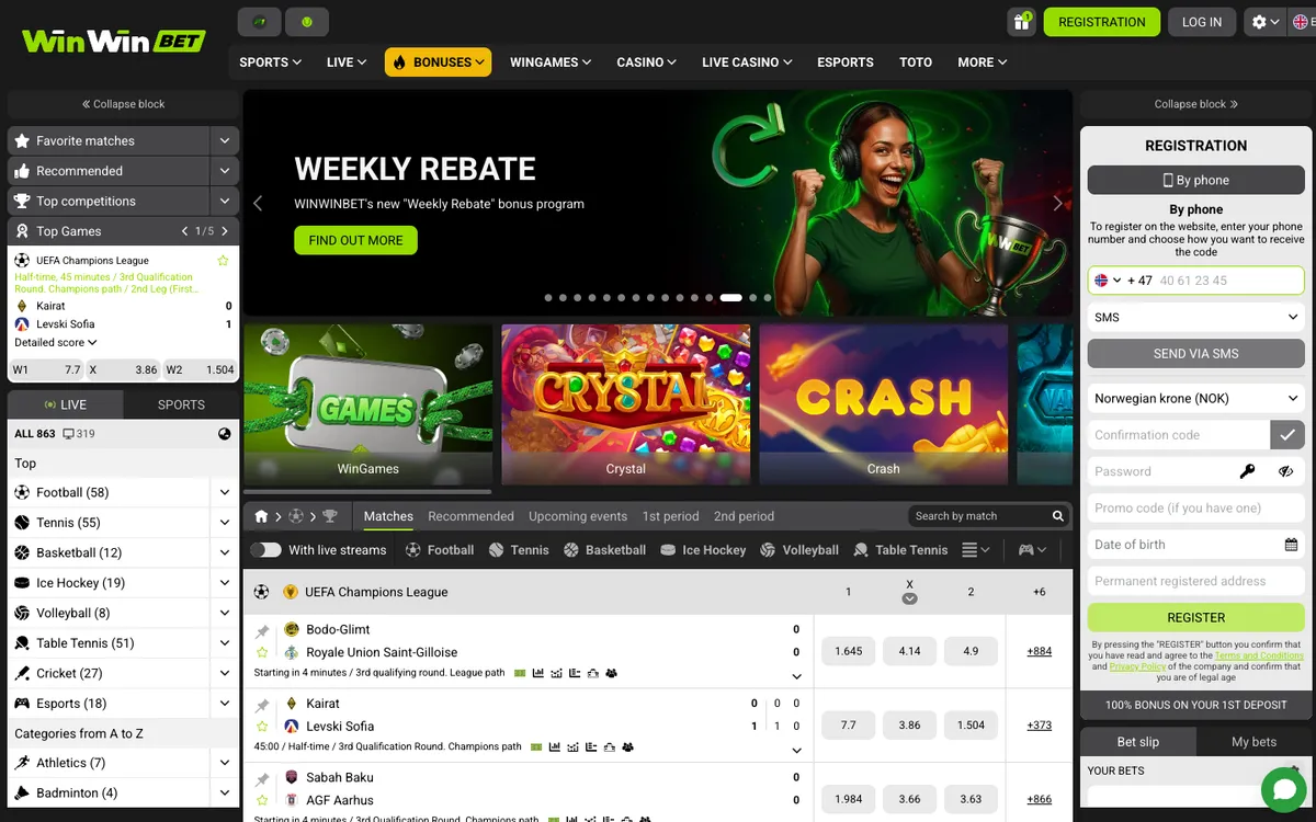 WinWinBet Casino — Home page, captured from Norway