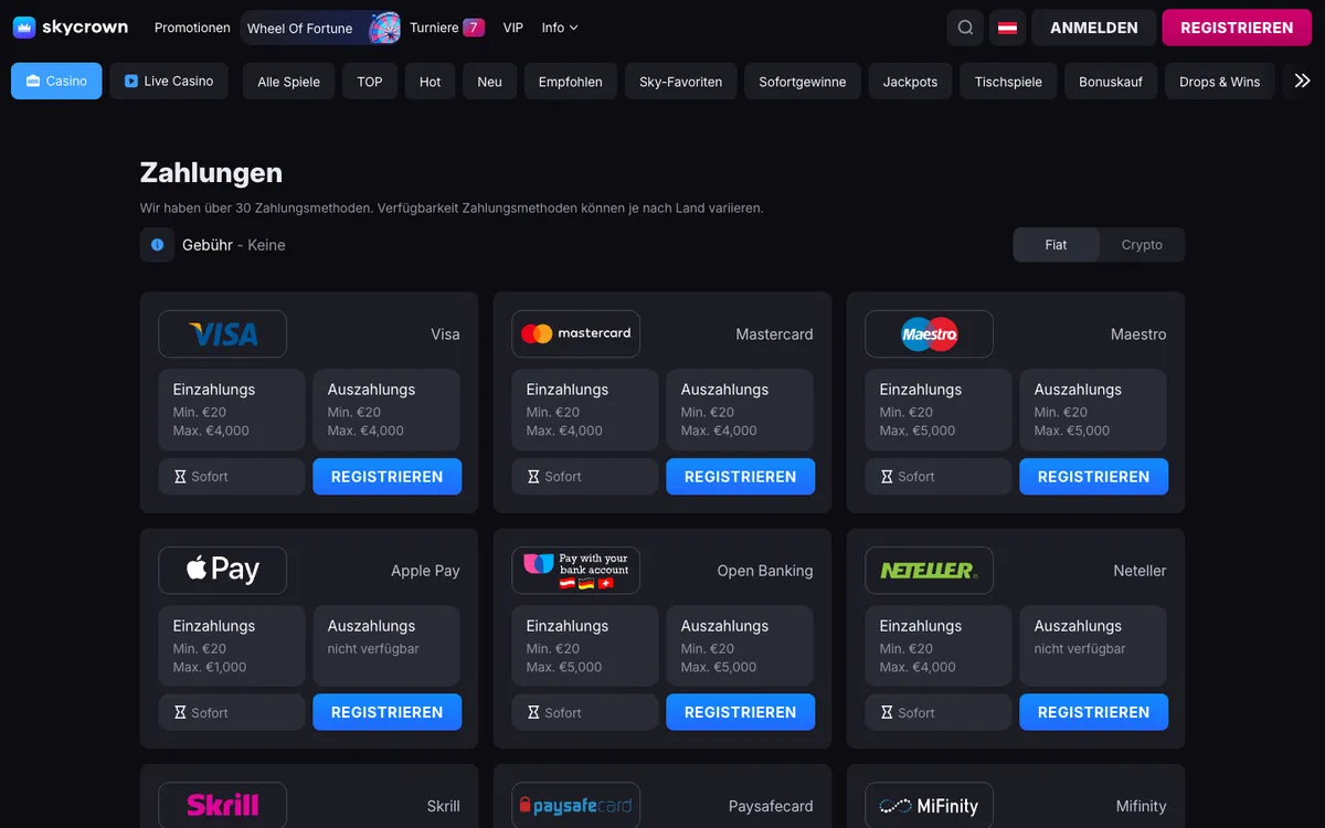 Skycrown Casino — Payments, captured from Austria