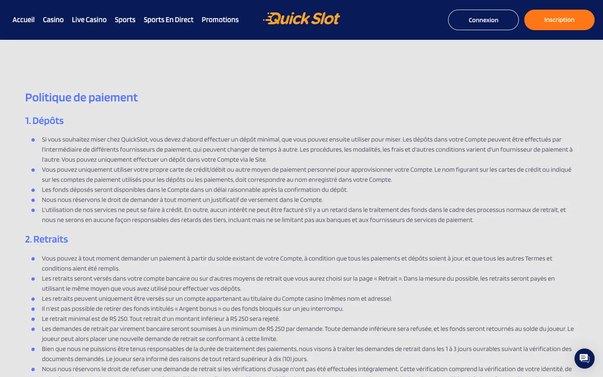 QuickSlot Casino — Payments, captured from France