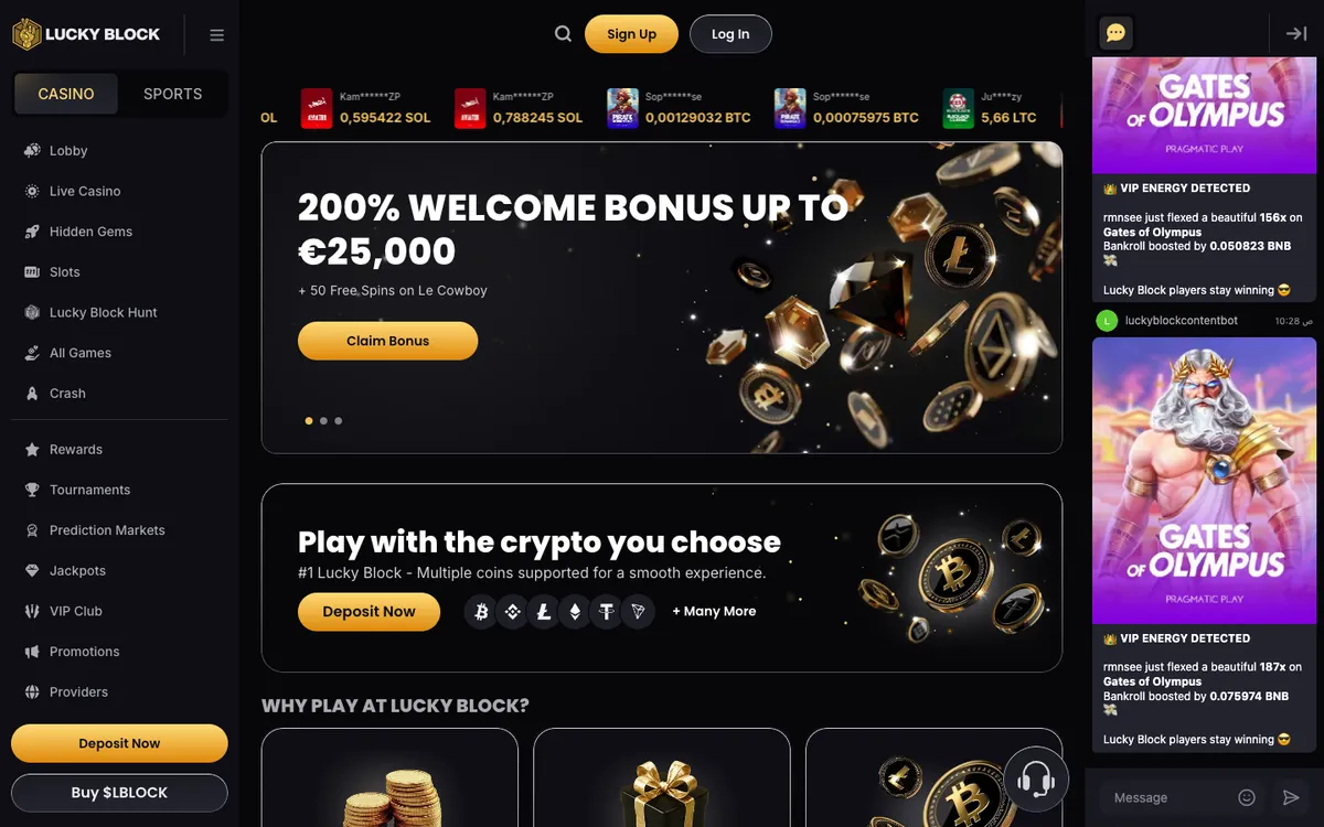 Lucky Block Casino — Home page, captured from United Arab Emirates