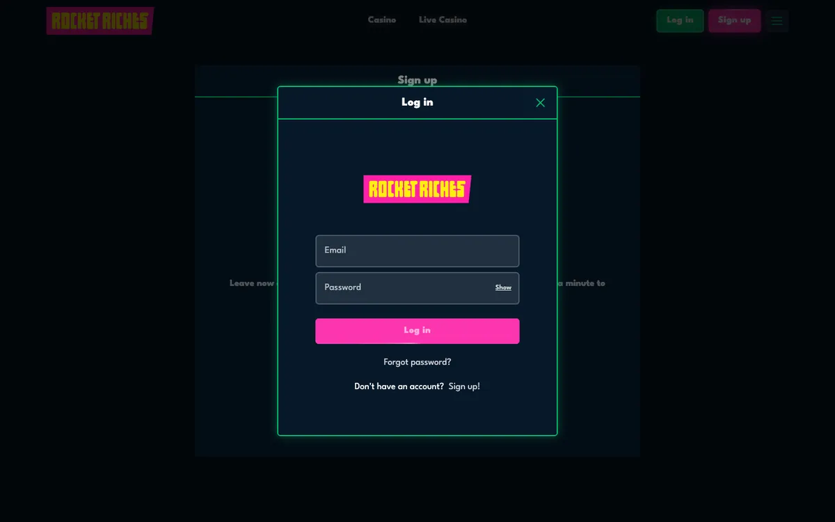 Rocket Riches Casino — «Регистрация», снято из страны Франция