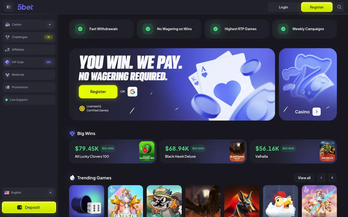 5bet Casino — Home page, captured from Austria
