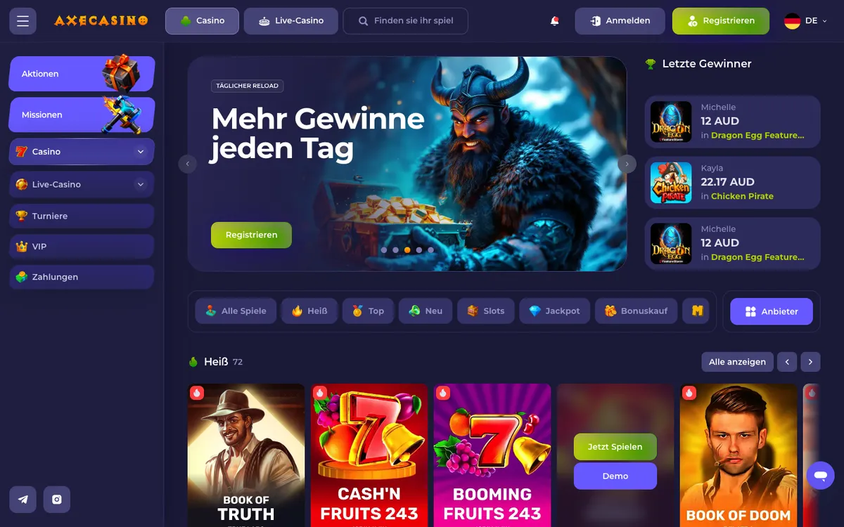 Axecasino — «Главная», снято из страны Германия