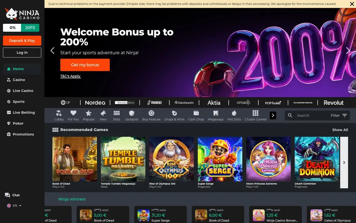 Ninja Casino — «Главная», снято из страны Финляндия
