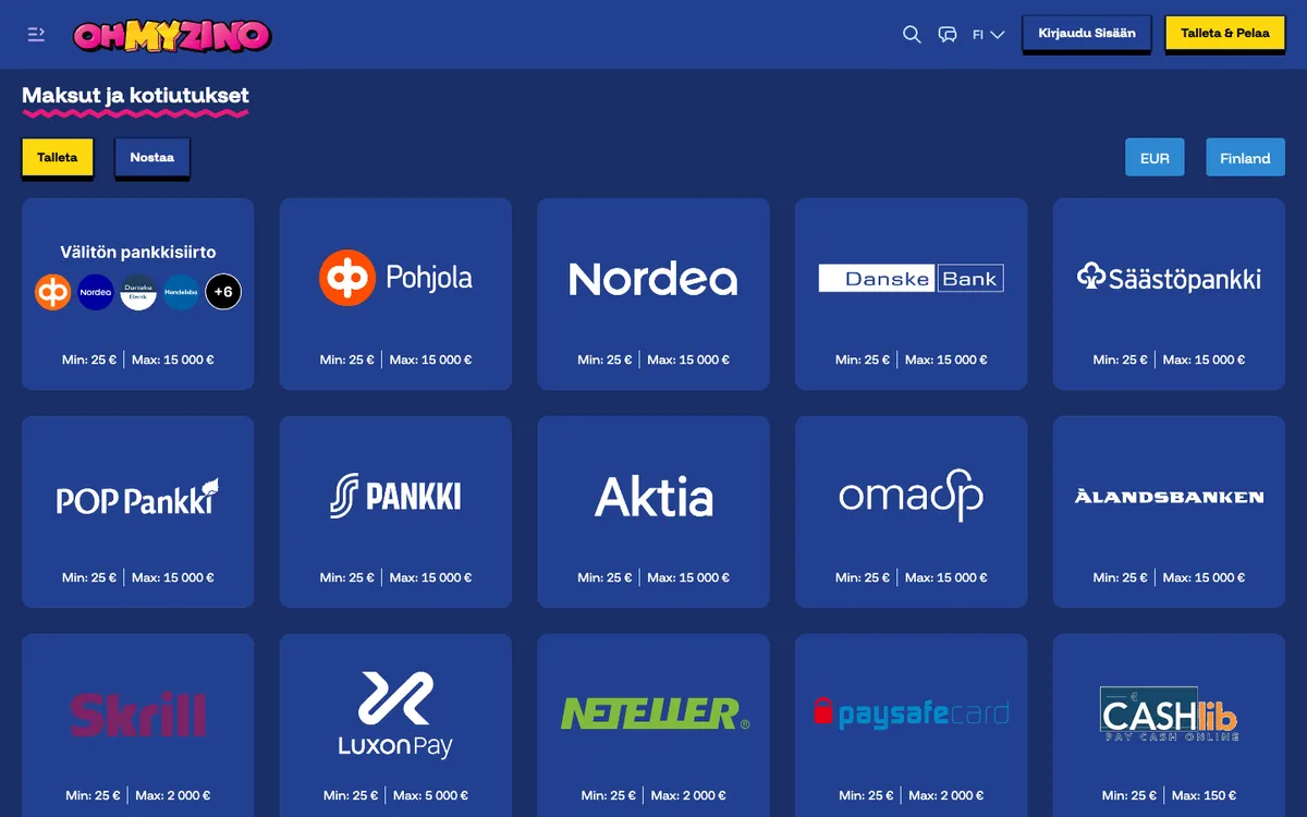 OhMyZino Casino — Payments, captured from Finland