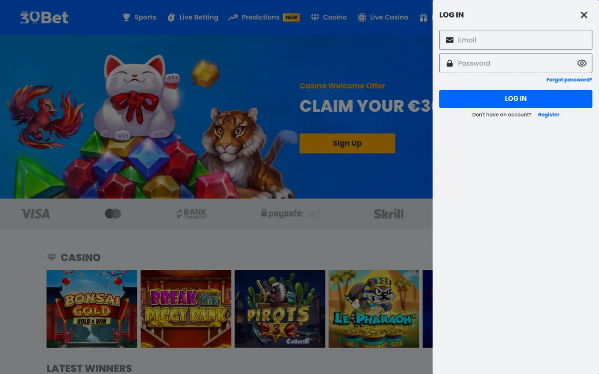 30Bet Casino — «Регистрация», снято из страны Австрия