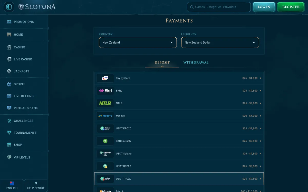 Slotuna Casino — «Платежи», снято из страны Новая Зеландия
