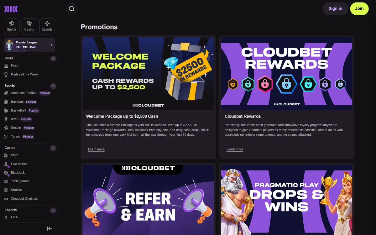 Cloudbet Casino — «Акции», снято из страны Канада