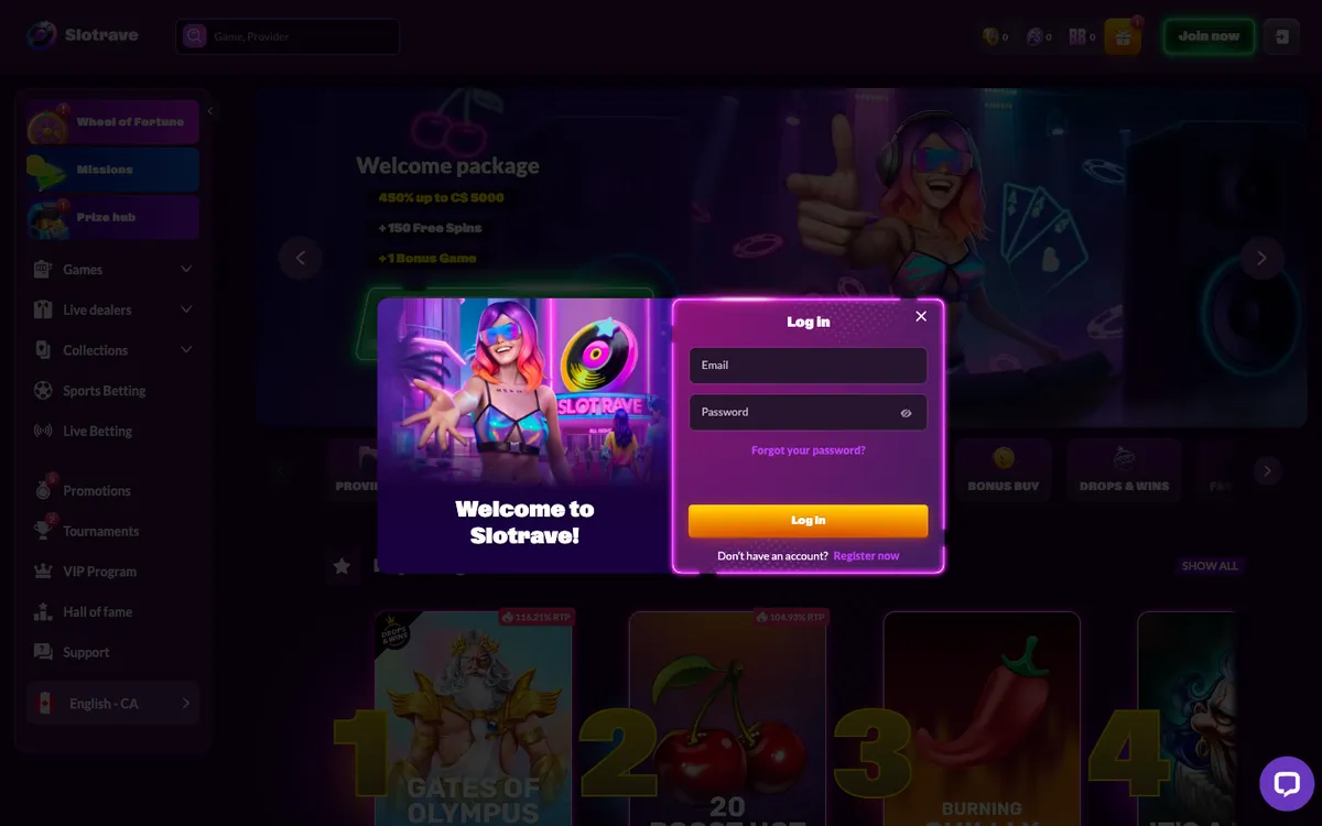 Slotrave Casino — Sign-up, captured from Canada
