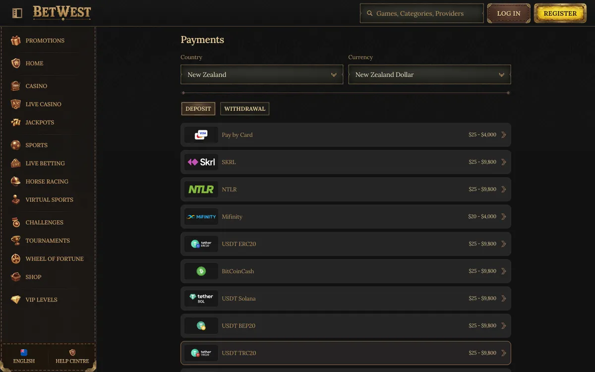 BetWest Casino — Payments, captured from New Zealand
