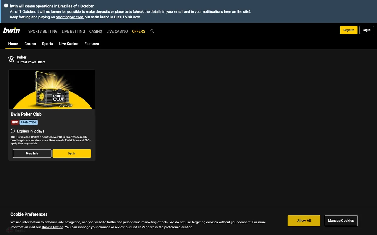bwin Casino — «Акции», снято из страны Бразилия