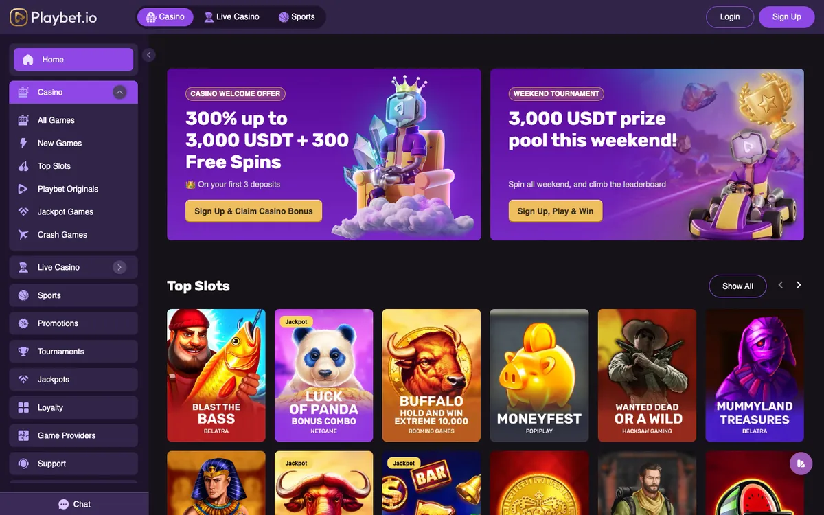 Playbet.io Casino — Home page, captured from South Africa