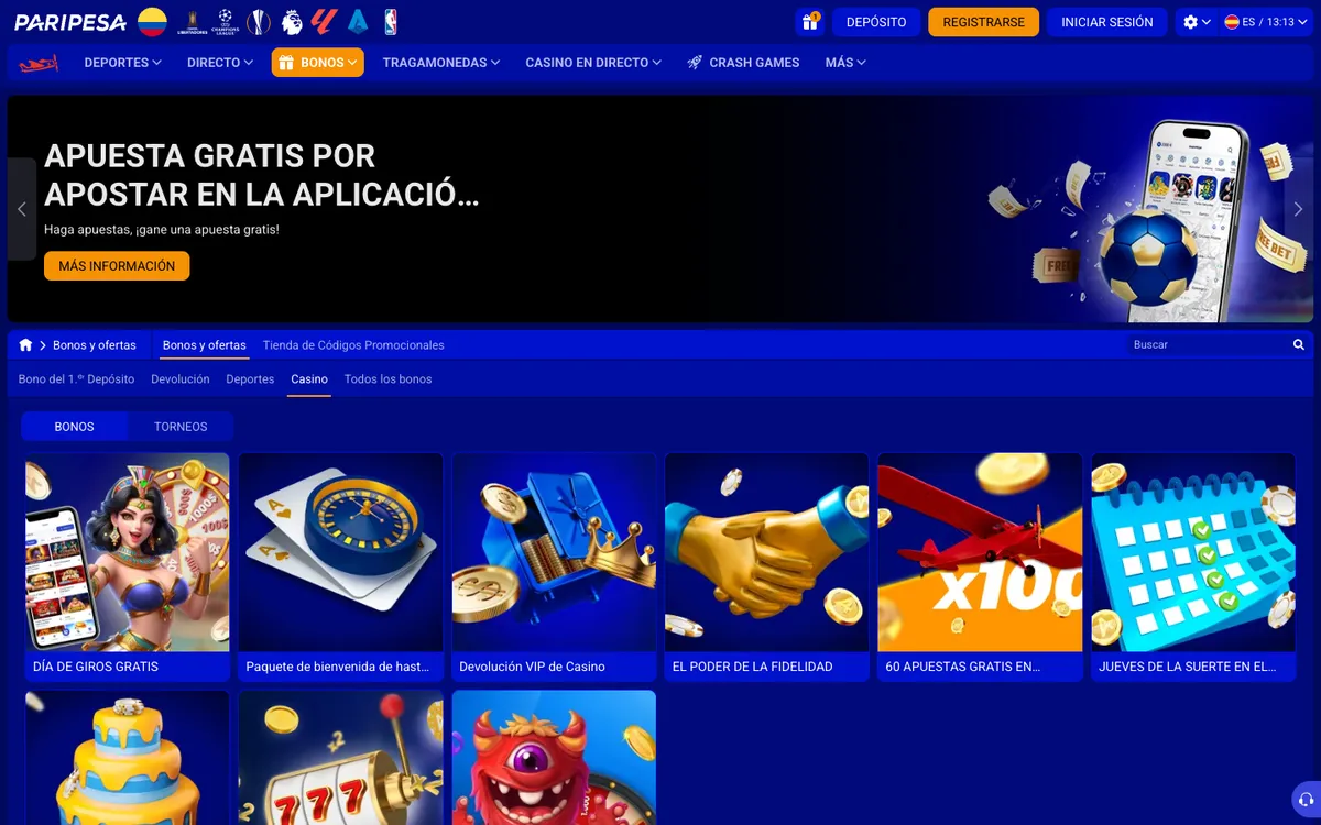 Paripesa Casino — Promotions, captured from Colombia