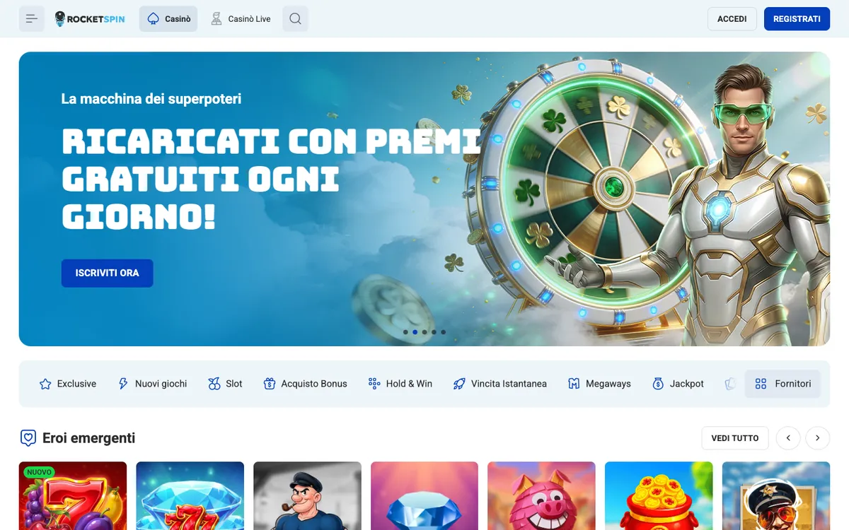 Rocket Spin Casino — Home page, captured from Italy