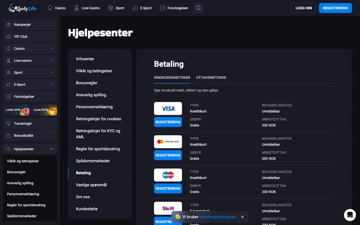 Lucky Vibe Casino — Payments, captured from Norway