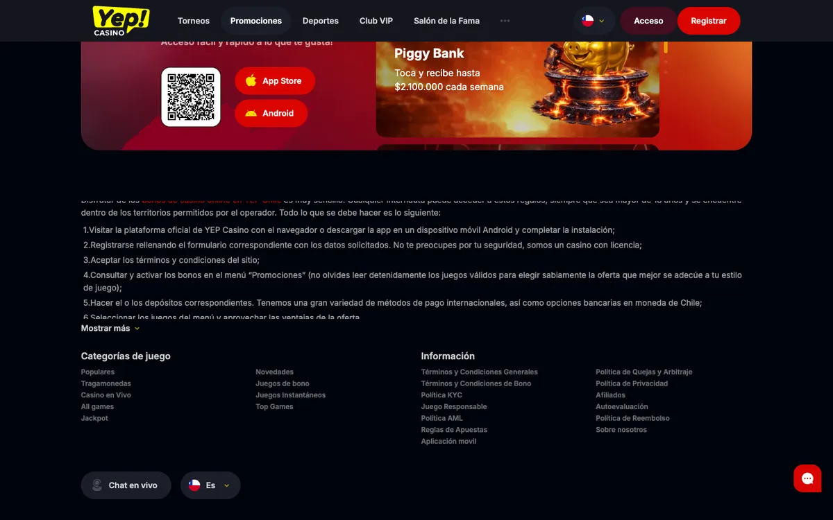 Yep Casino — Promotions, captured from Chile