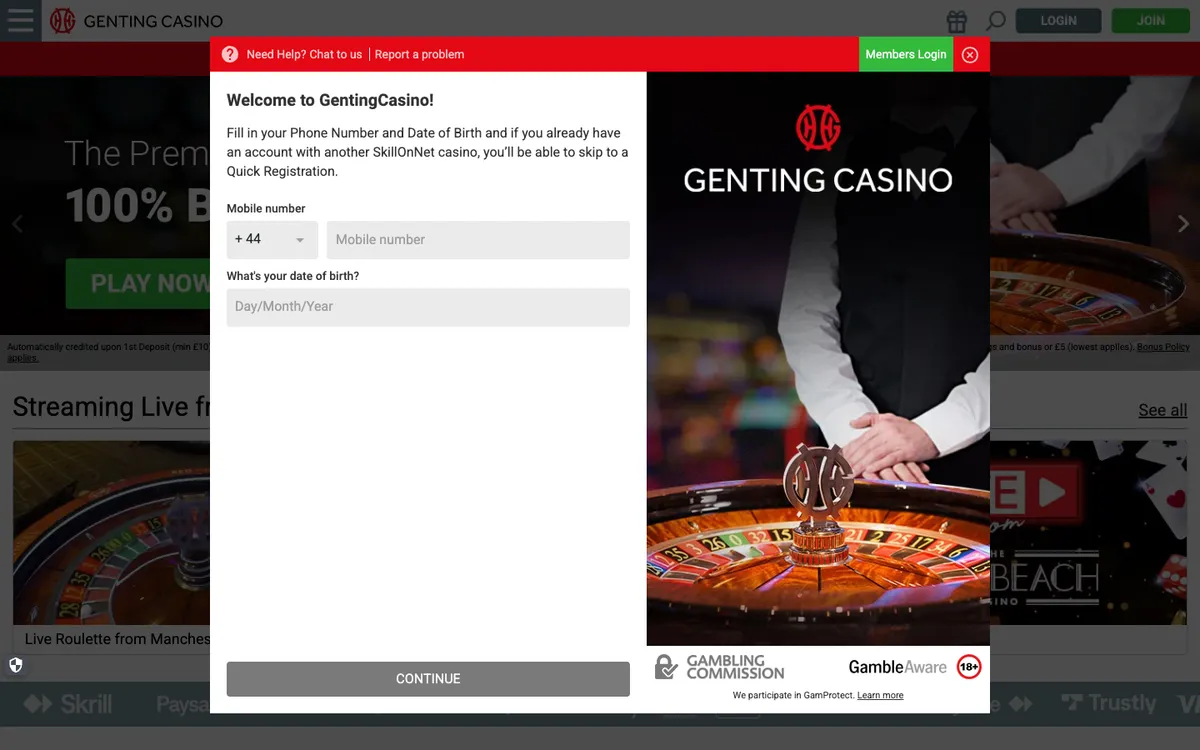 Genting Casino — «Регистрация», снято из страны Великобритания