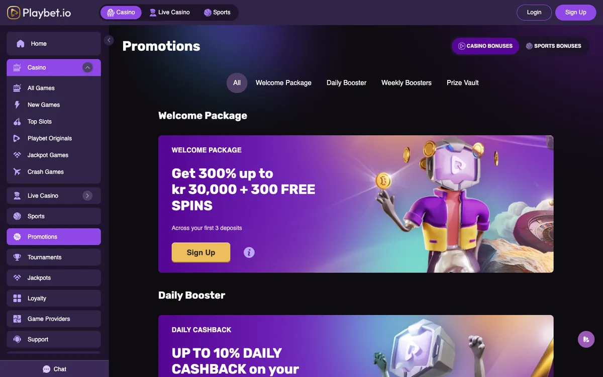 Playbet.io Casino — «Акции», снято из страны Норвегия