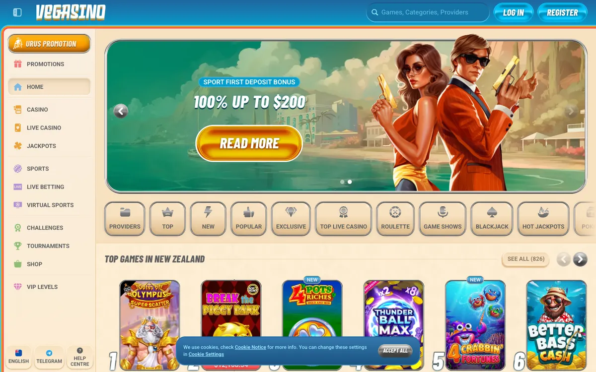Vegasino Casino — Home page, captured from New Zealand