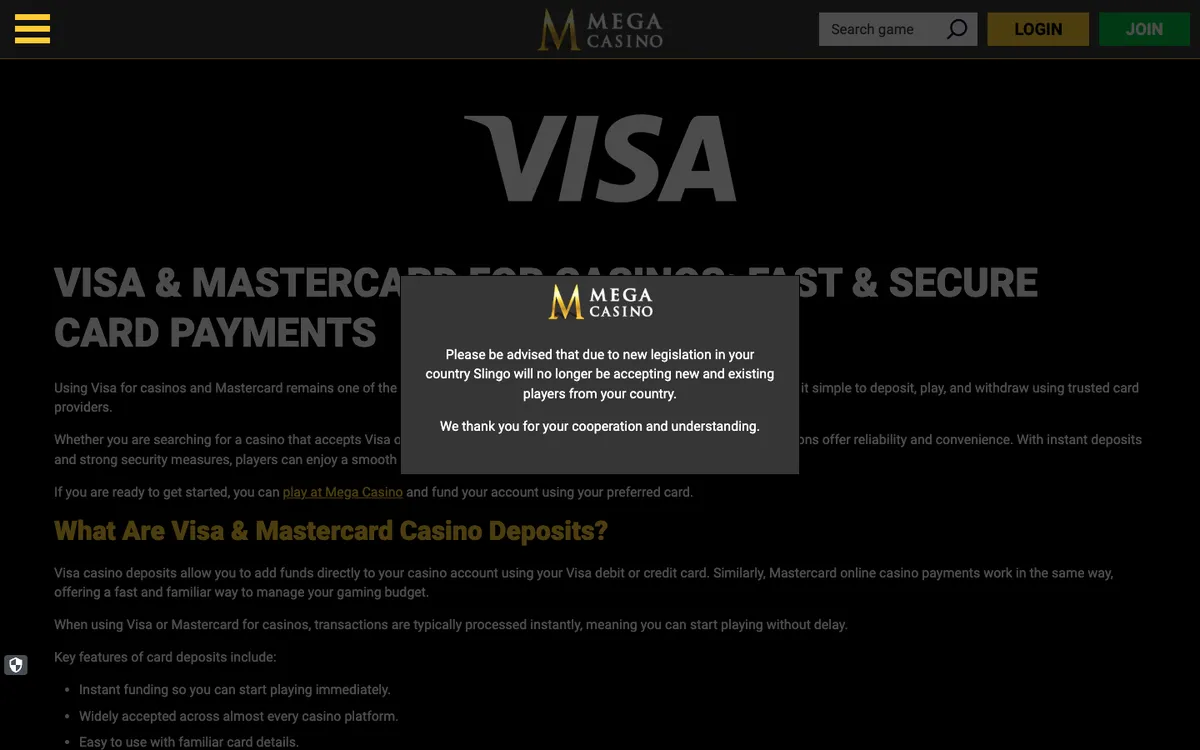 Mega Casino — Payments, captured from Australia