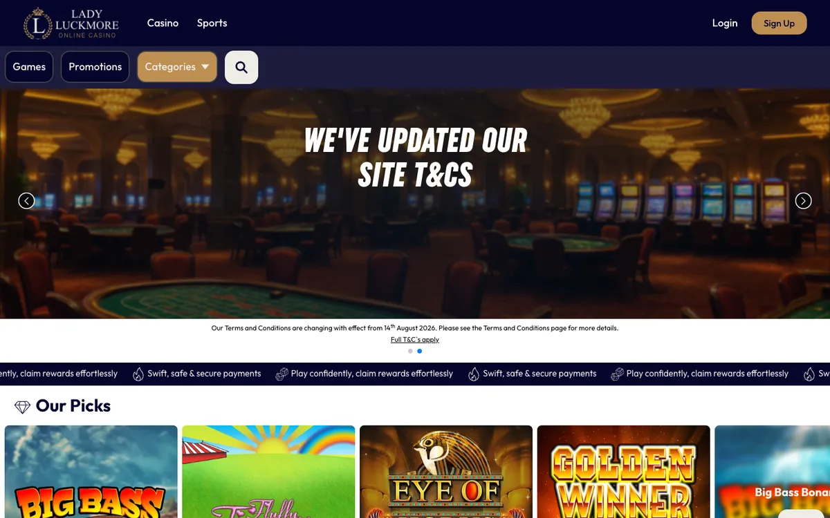 Lady Luckmore Casino — Home page, captured from United Kingdom