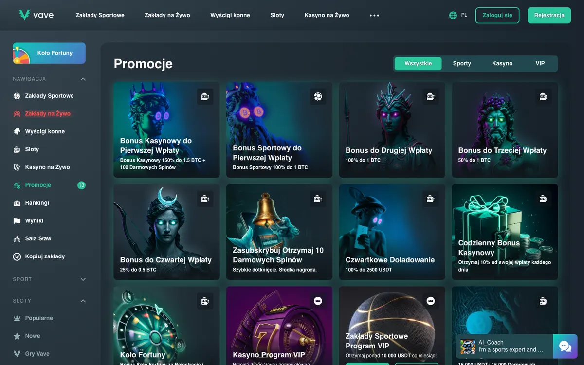Vave Casino — Promotions, captured from Poland