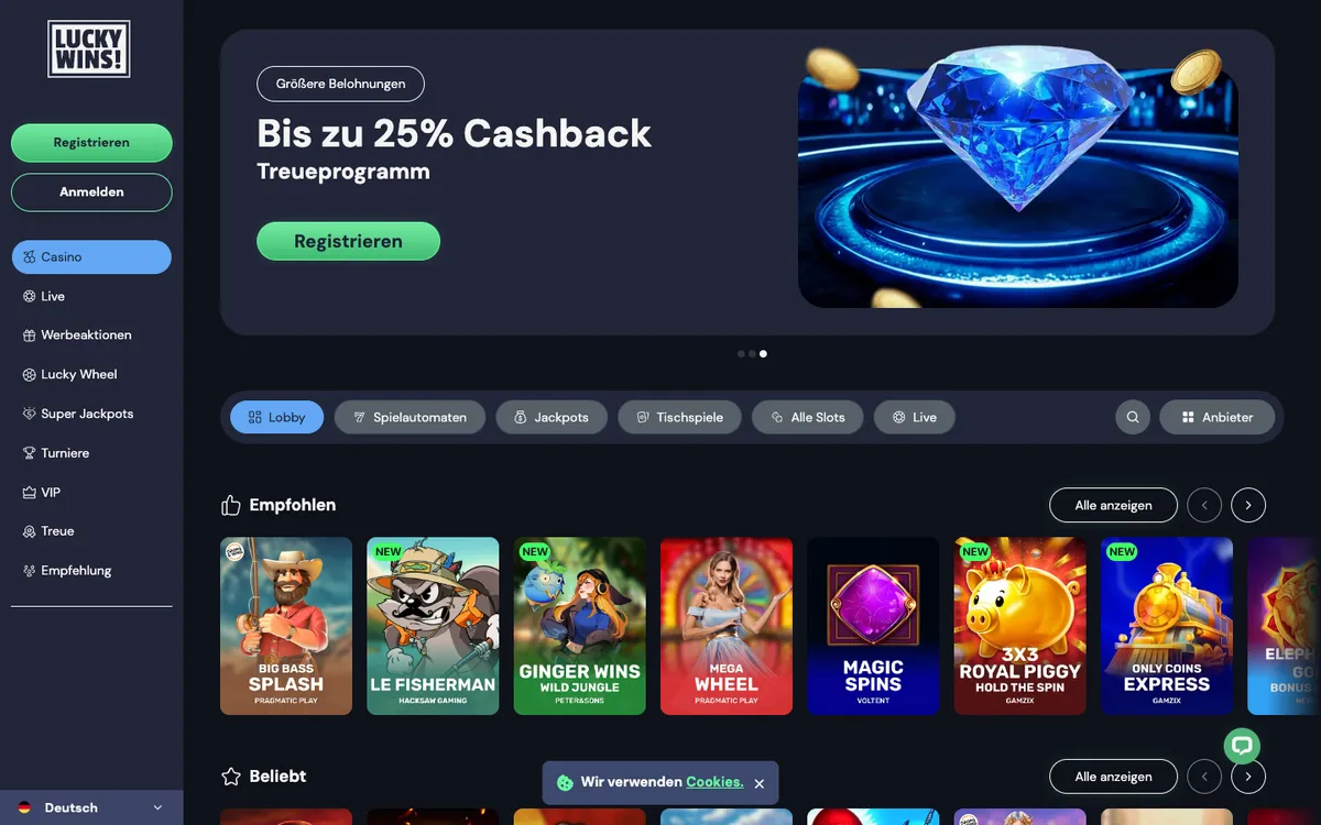 LuckyWins Casino — Home page, captured from Germany