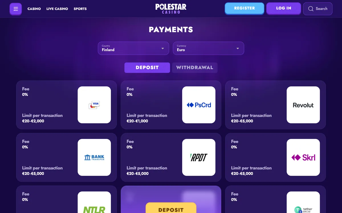 Polestar Casino — «Платежи», снято из страны Финляндия