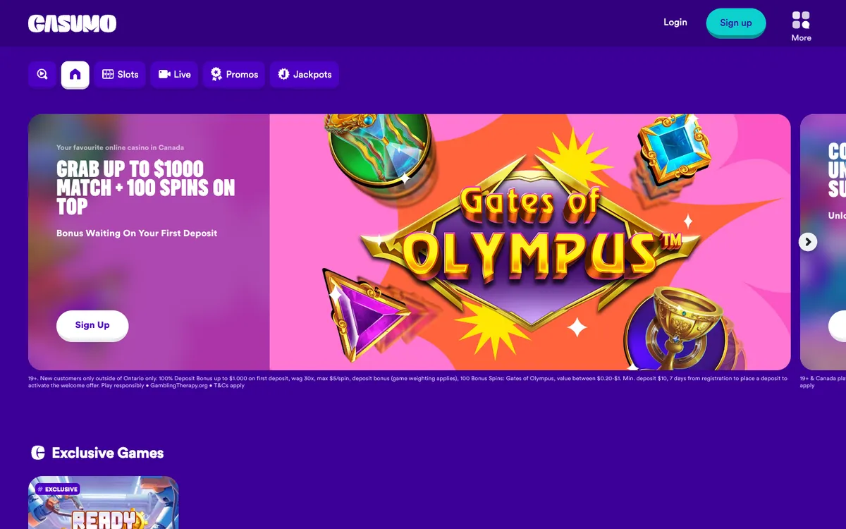 Casumo Casino — Home page, captured from Canada