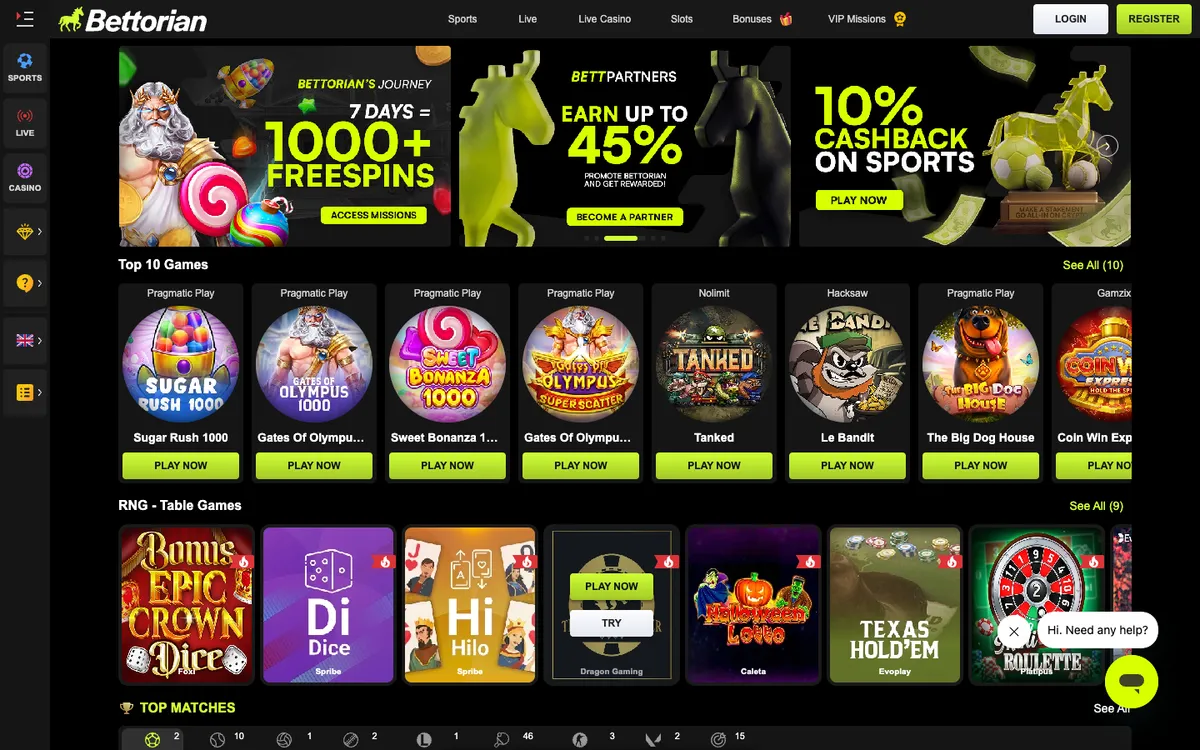 Bettorian Casino — Home page, captured from Austria