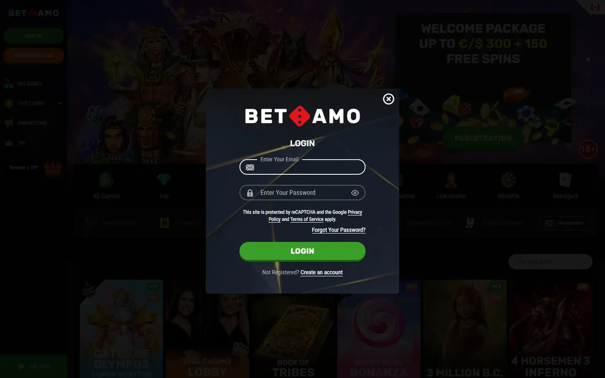 Betamo Casino — Sign-up, captured from Canada