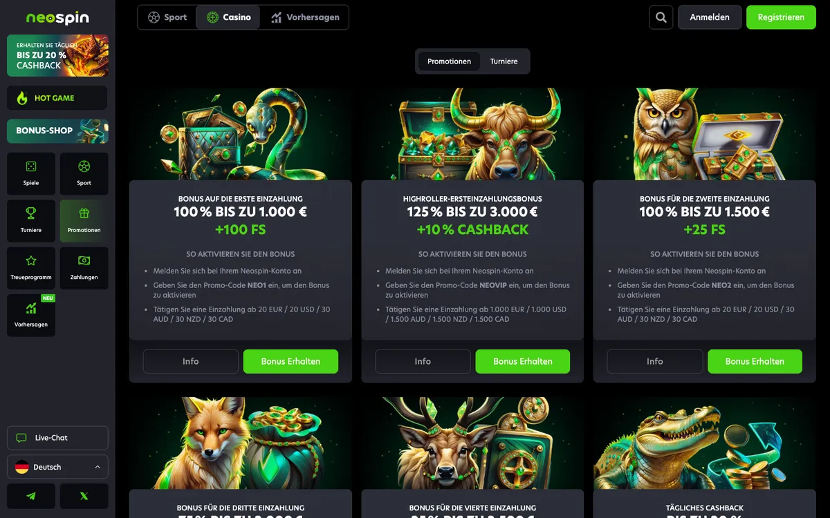 Neospin Casino — Promotions, captured from Austria