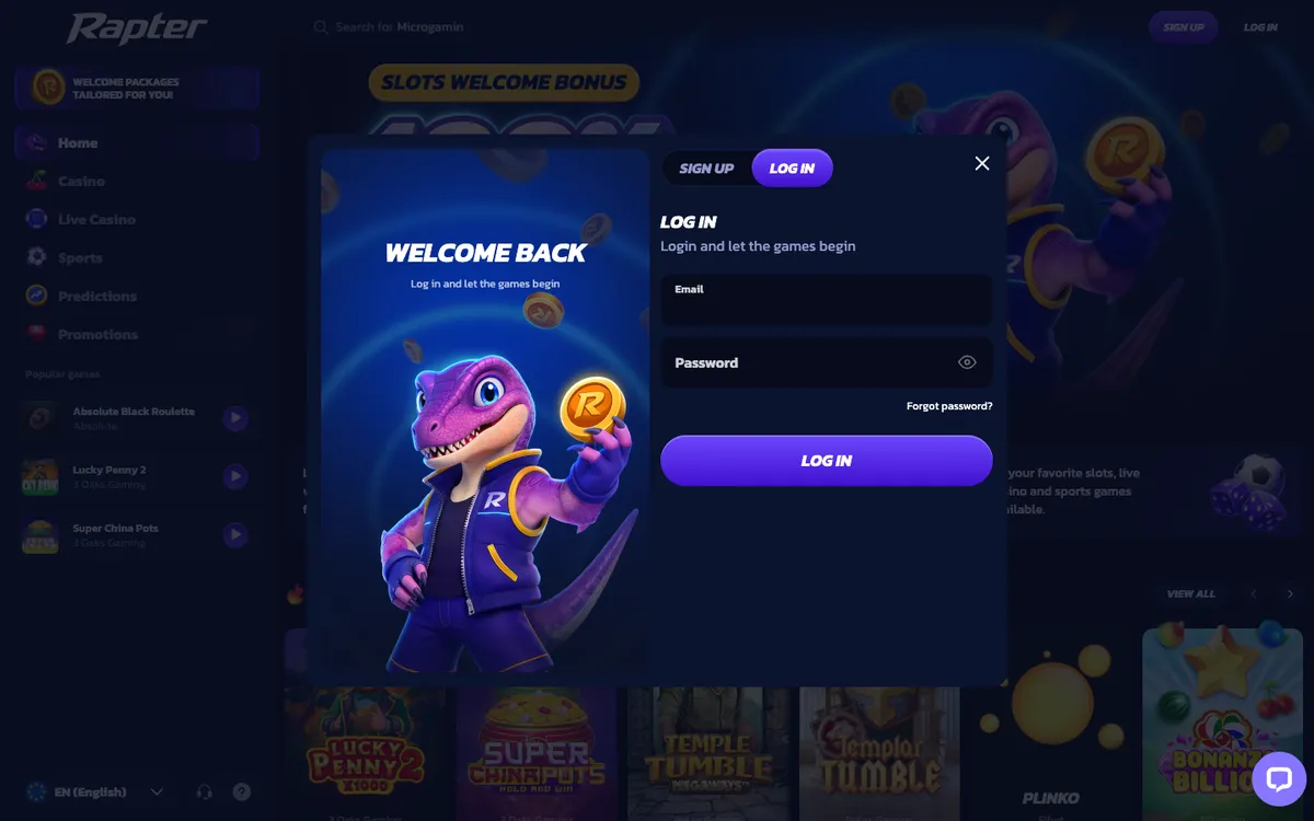 Rapter Casino — Sign-up, captured from Canada