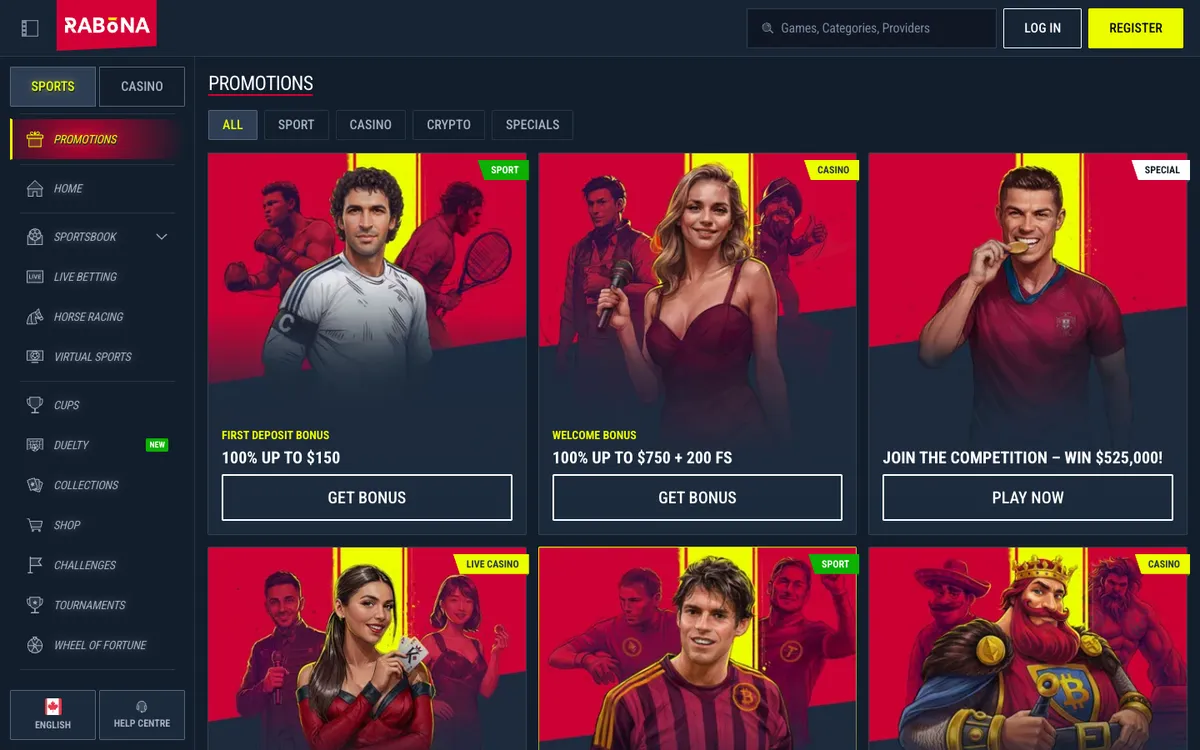 Rabona Casino — Promotions, captured from Canada