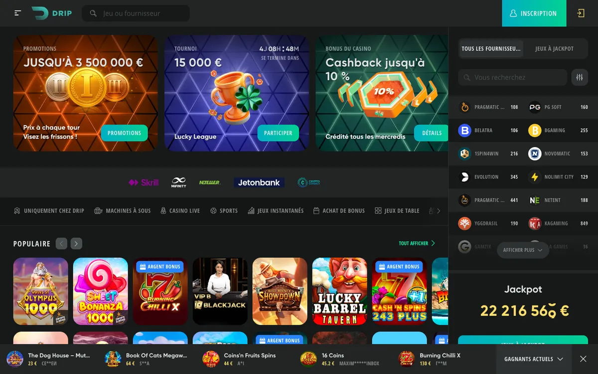 Drip Casino — Home page, captured from France